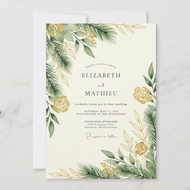 Invitación Boda de invierno dorada en verde pino (Anverso)