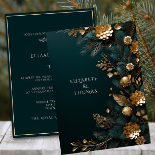 Invitación Boda De Invierno Dorado Cones De Pino Verde Agujas