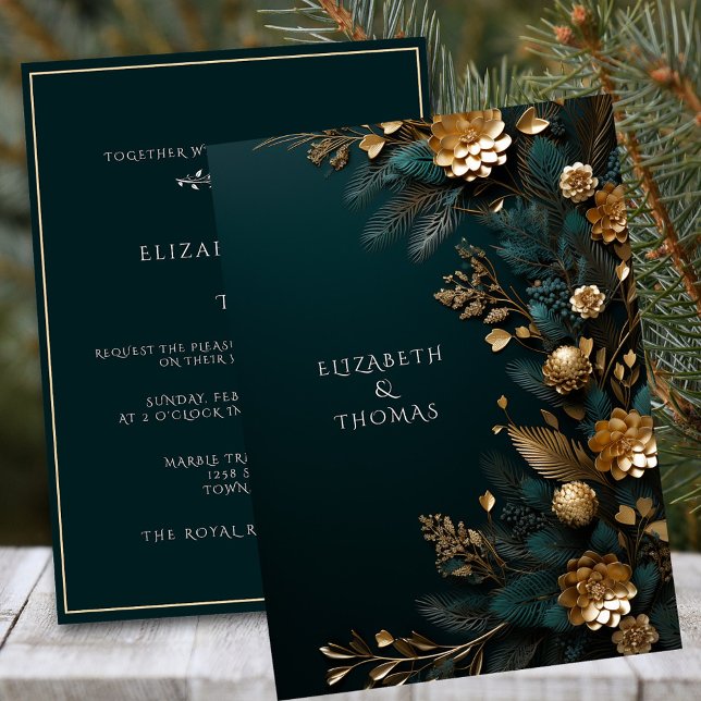 Invitación Boda De Invierno Dorado Cones De Pino Verde Agujas (Subido por el creador)
