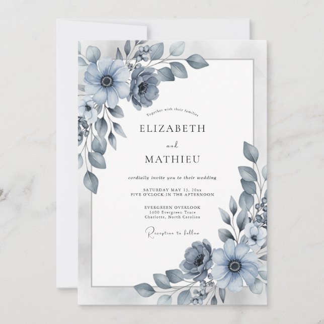 Invitación Boda de invierno elegante azul polvoriento (Anverso)