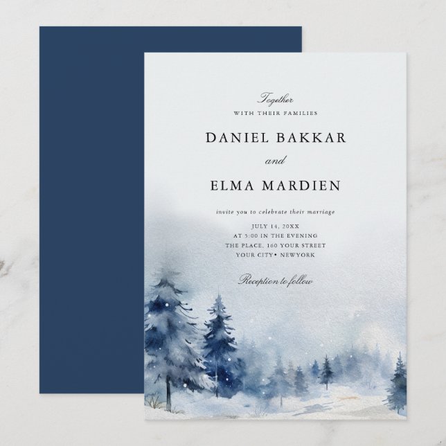 Invitación Boda de invierno elegante moderna en acuarela (Anverso / Reverso)