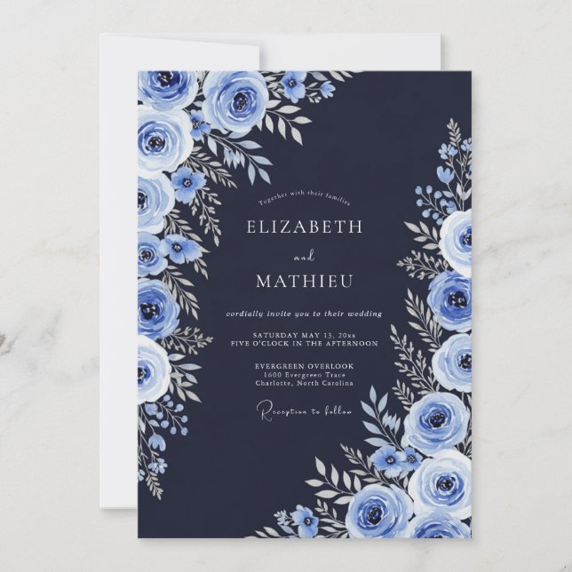 Invitación Boda de invierno en acuarela navy (Anverso)