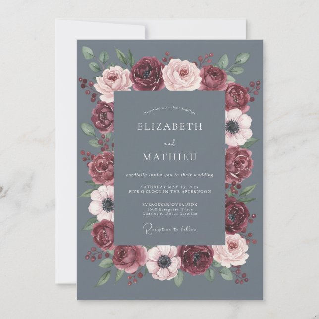 Invitación Boda de invierno en azul acero silenciado (Anverso)