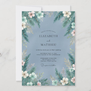Invitación Boda de invierno en azul polvoriento y abeto silen