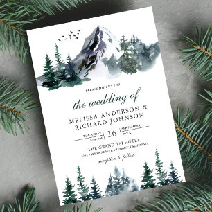 Invitación Boda de invierno en bosque de montaña con acuarela