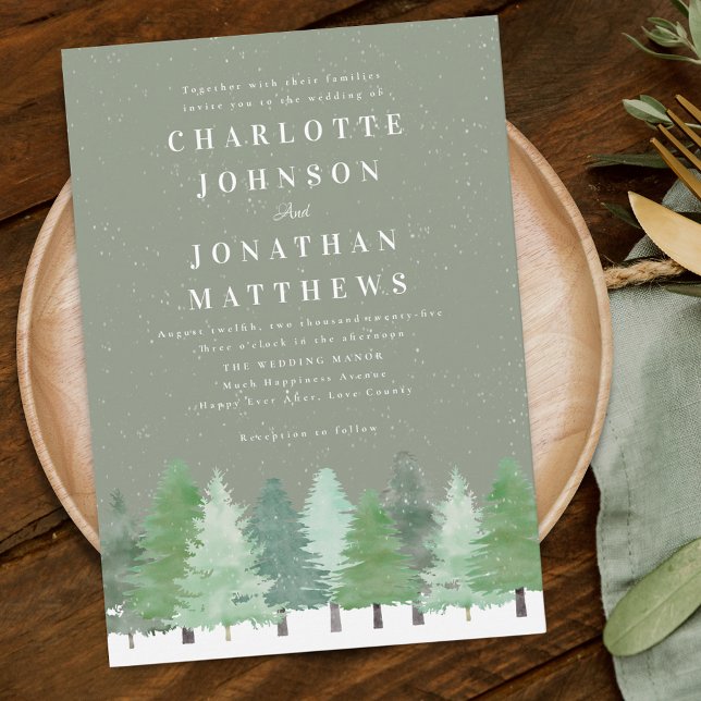Invitación Boda de invierno en bosque moderno de madera con v (Modern Woodland forest sage green winter wedding invitation Watercolor evergreen trees snow scene)