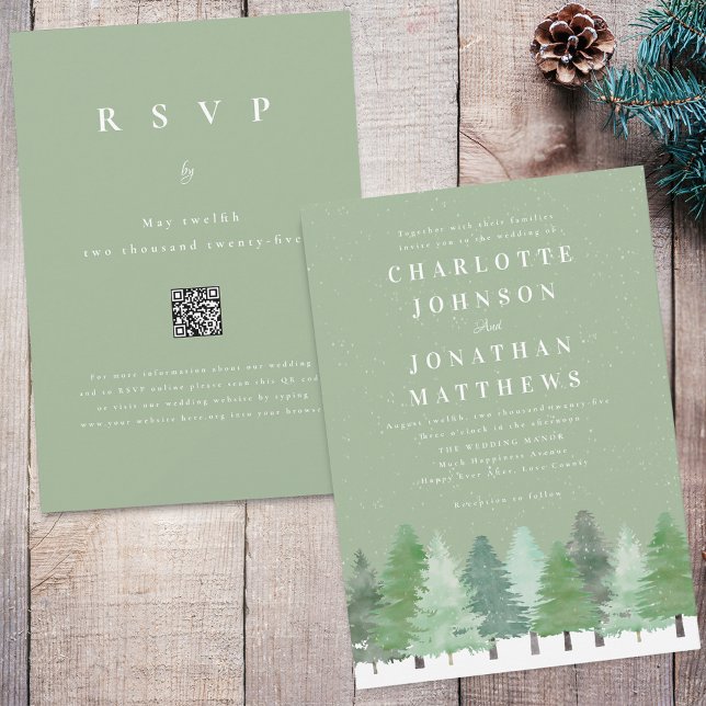 Invitación Boda de invierno en verde salvia con código QR de  (Modern snowy woodland winter forest sage green wedding qr code invitation Watercolor evergreen trees)