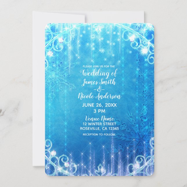 Invitación Boda de Invierno Encantada con Brillo Azul (Anverso)