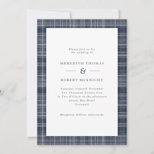 Invitación Boda de invierno escocesa Navy Blue Tartan (Anverso)