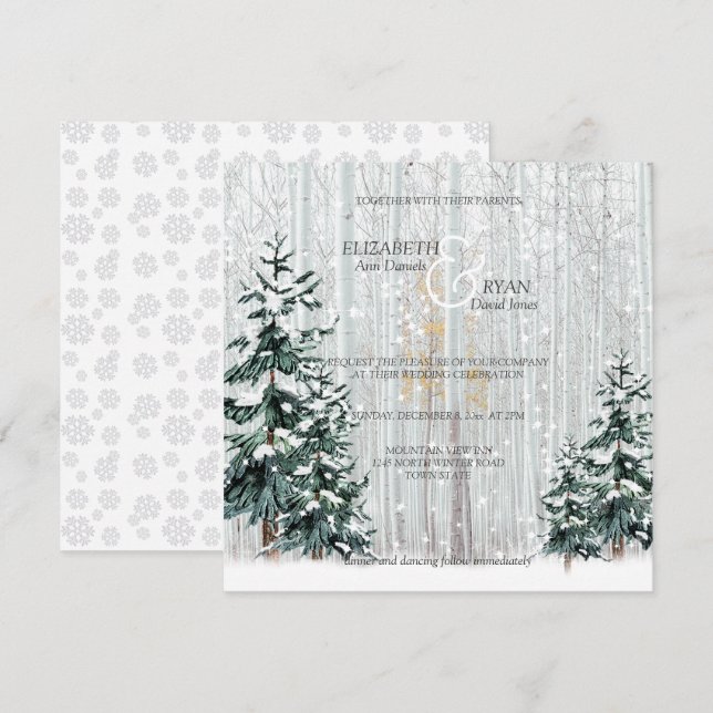 Invitación Boda de Invierno Esparce Copos de Nieve Pinos Árbo (Anverso / Reverso)