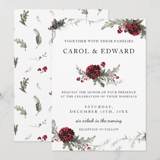 Invitación Boda de Invierno Estilo de Navidades Florales Vint (Anverso / Reverso)