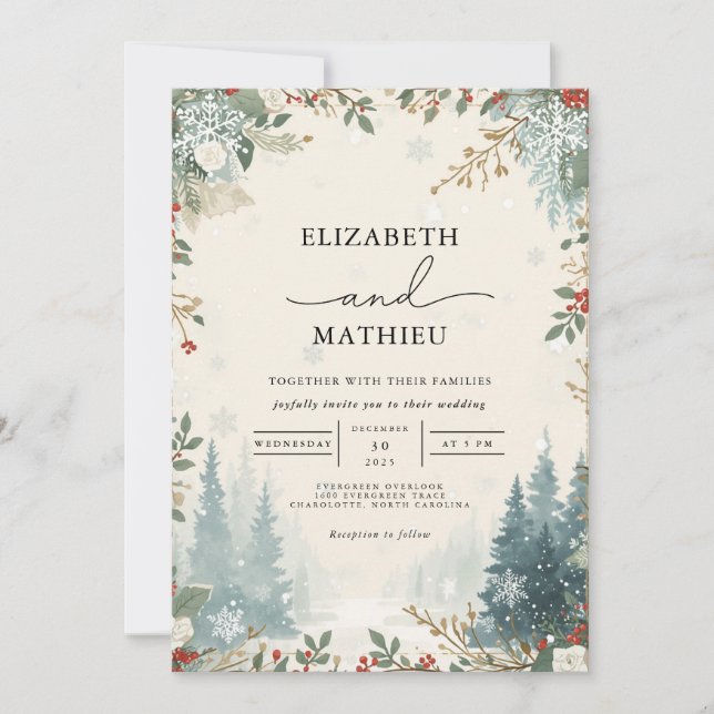 Invitación Boda de invierno Evergreen con escarcha (Anverso)