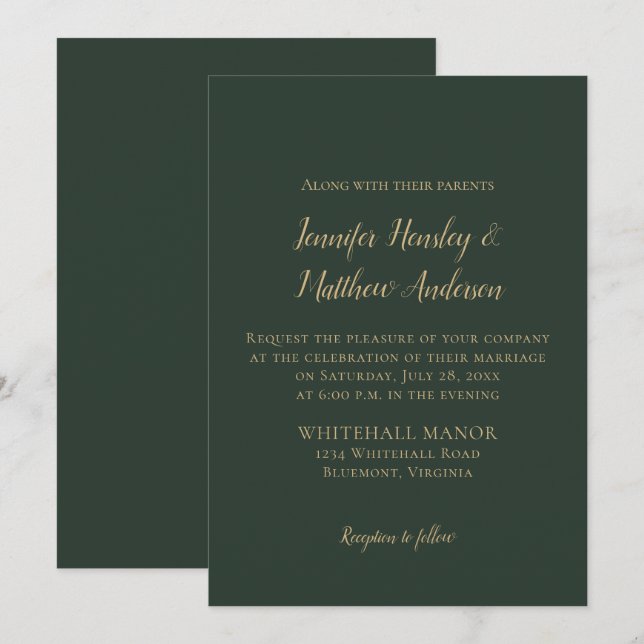 Invitación Boda de Invierno Evergreen y Gold (Anverso / Reverso)