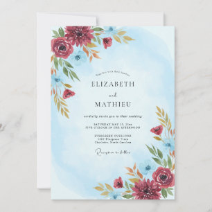 Invitación Boda de invierno exquisita en azul claro y borgoña