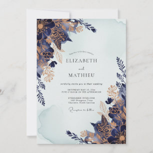 Invitación Boda de invierno exquisita en oro y azul marino