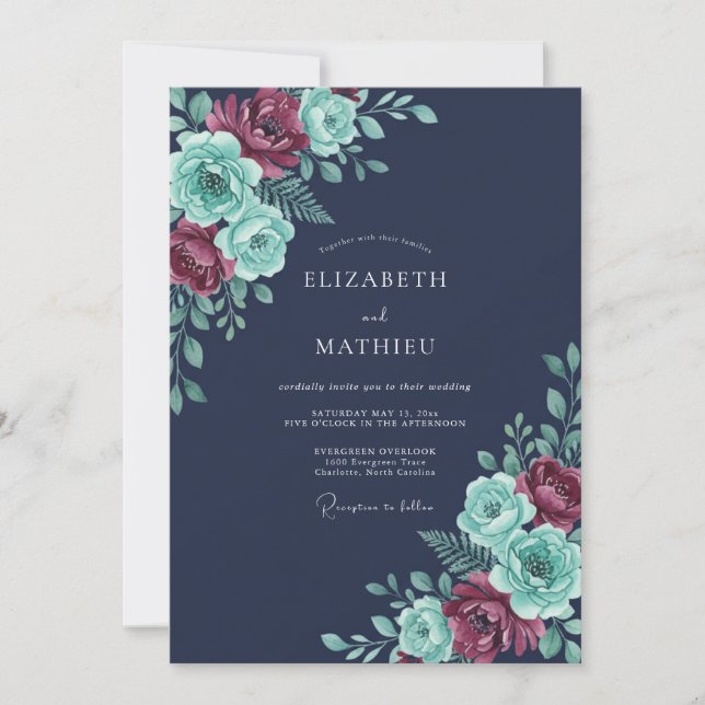 Invitación Boda de invierno exuberante azul marino (Anverso)