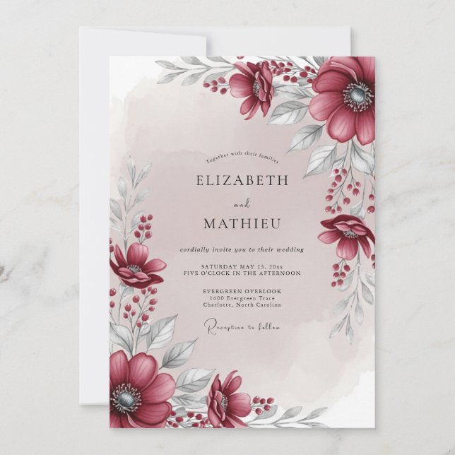 Invitación Boda de invierno exuberante en rojo arándano (Anverso)