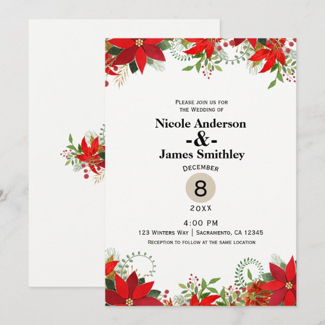 Invitación Boda de invierno Festividad de la Poinsettia Blanc (Anverso / Reverso)