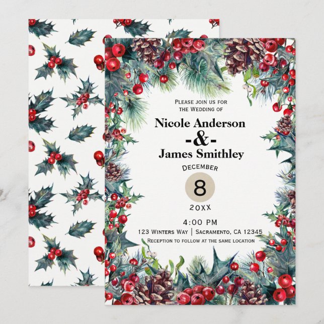Invitación Boda de Invierno Fiesta Navideña Bayas de Navidad  (Anverso / Reverso)