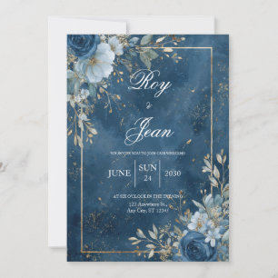 Invitación Boda de invierno floral azul naval dorado