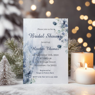Invitación Boda de Invierno Floral Azul y Plateado