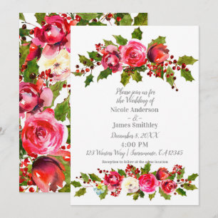Invitación Boda de Invierno Floral Bayas de Acebo Hojas Fiest
