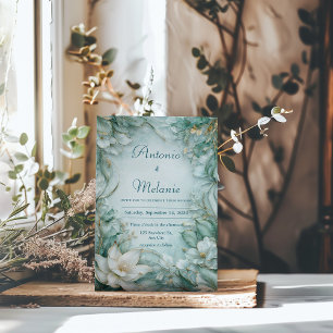 Invitación Boda de Invierno Floral Blanca Verde Espuma de Mar