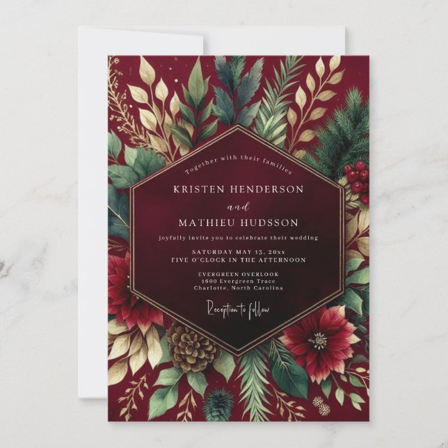 Invitación Boda de invierno floral borgoña (Anverso)