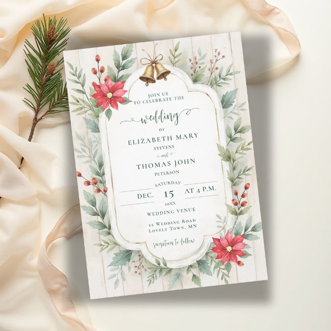 Invitación Boda de invierno floral botánico rústico de madera (winter wedding invitation rustic greenery poinsettia light barn wood bells green red template)