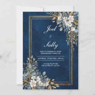 Invitación Boda de invierno floral con mármol azul naval dora