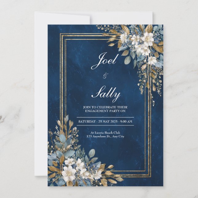 Invitación Boda de invierno floral con mármol azul naval dora (Anverso)