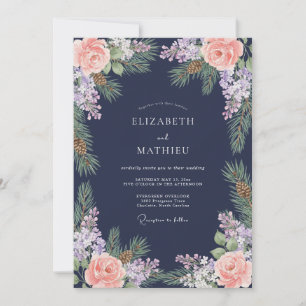 Invitación Boda de invierno floral con piñas azul marino