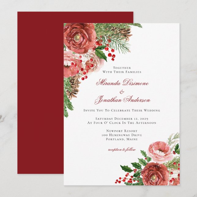 Invitación Boda de Invierno Floral de Navidades Rojos (Anverso / Reverso)