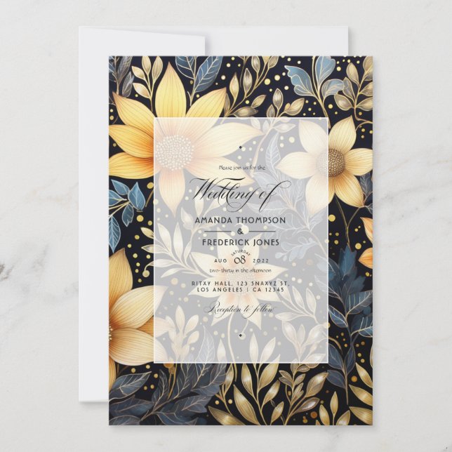 Invitación Boda de invierno floral de oro y negro (Anverso)