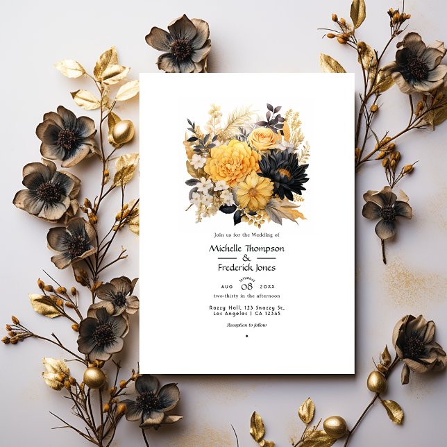 Invitación Boda de invierno floral de oro y negro (Subido por el creador)