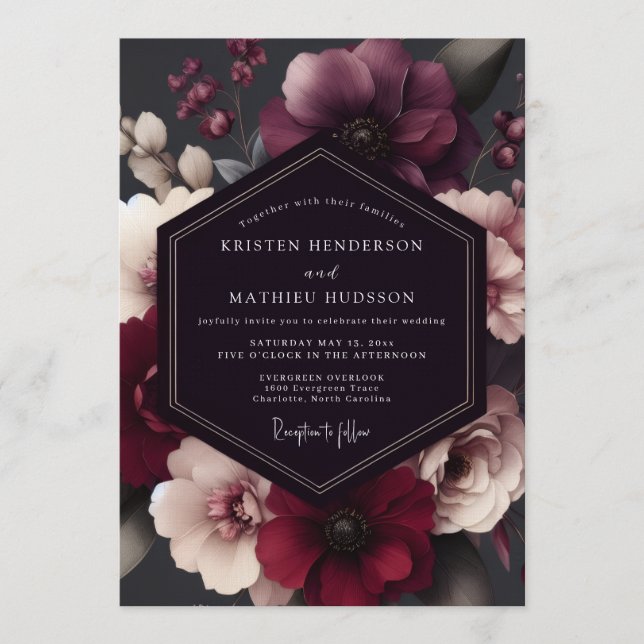 Invitación Boda de invierno floral tinta de Borgoña (Anverso)