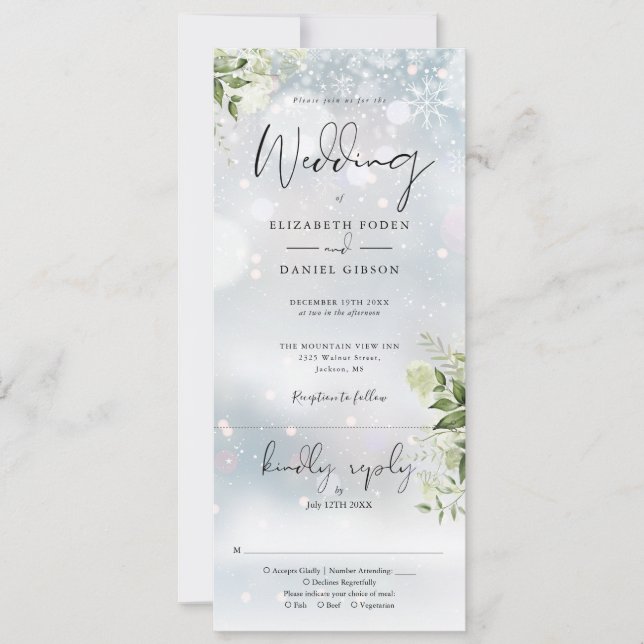 Invitación Boda de invierno floral verde todo en uno (Anverso)