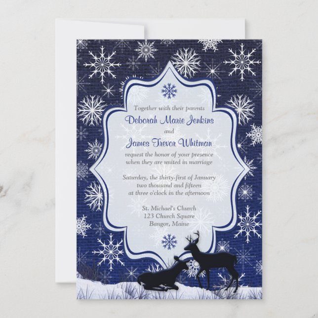 Invitación Boda de invierno | FUX Burlap, Snowflakes, Deer (Anverso)