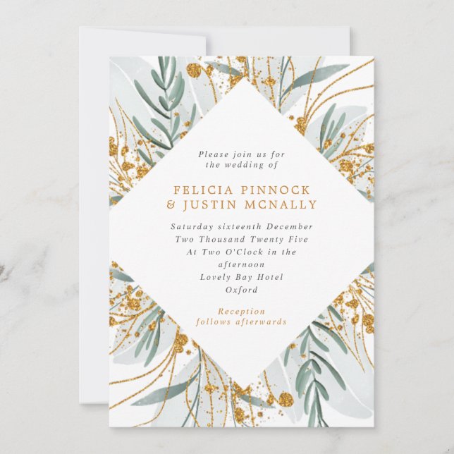 Invitación Boda de invierno geométrica Sage & Gold Purpurina (Anverso)