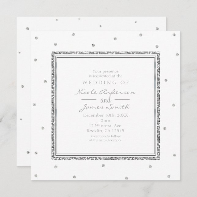 Invitación Boda de Invierno Glam Plata y Puntos Blancos Fiest (Anverso / Reverso)