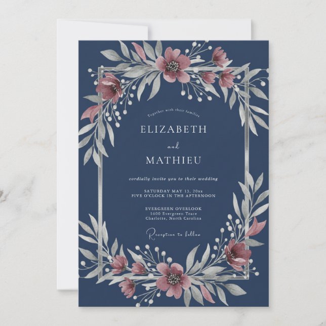 Invitación Boda de invierno gloriosa azul marino (Anverso)