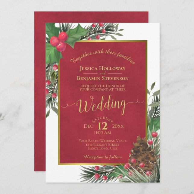 Invitación Boda de Invierno Holly & Pine Elegant Navidades (Anverso / Reverso)