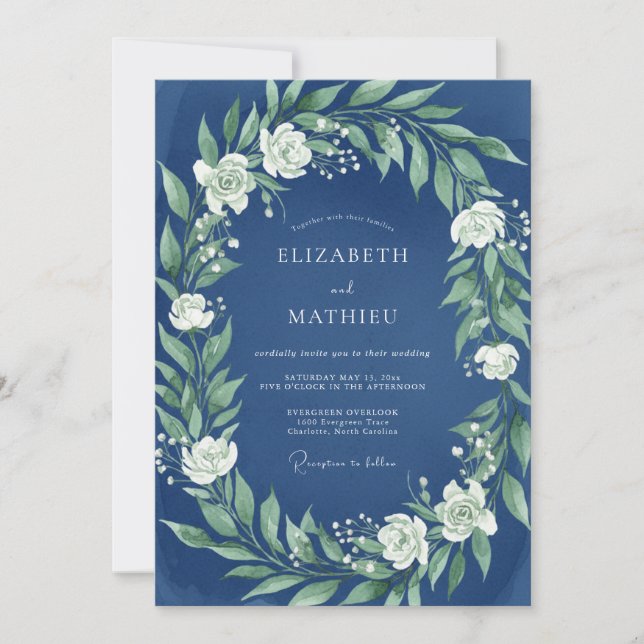 Invitación Boda de invierno inmaculada azul marino (Anverso)