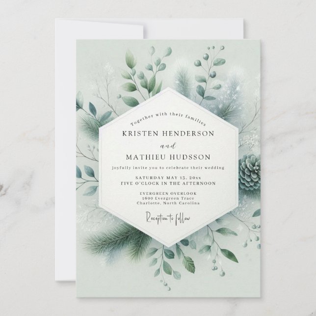 Invitación Boda de invierno inmaculada en verde salvia (Anverso)