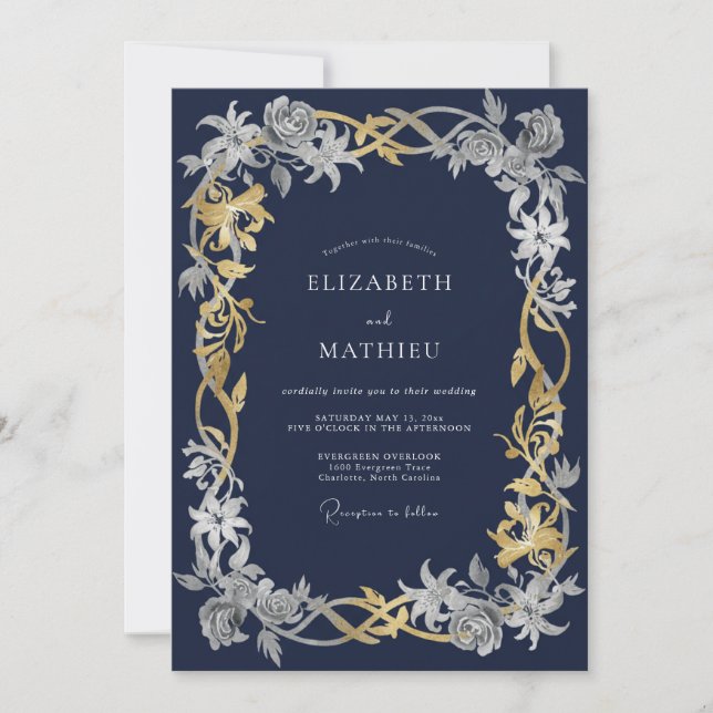 Invitación Boda de invierno intrincada azul marino (Anverso)