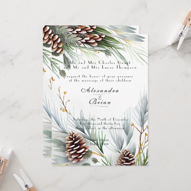 Invitación Boda De Invierno Las Ramas De Pino De Nieve (Anverso/Reverso In Situ)