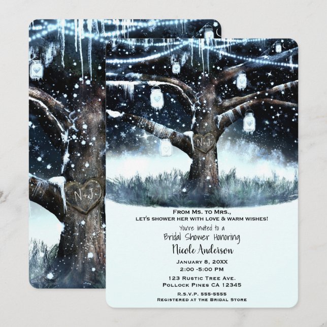 Invitación Boda de invierno luces de árbol rústico (Anverso / Reverso)