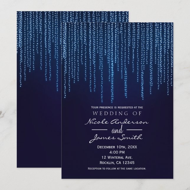 Invitación Boda de Invierno Luces de Cadena Elegantes de Dest (Anverso / Reverso)