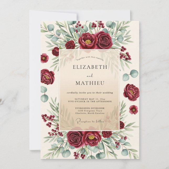 Invitación Boda de invierno lujosa de Borgoña (Anverso)