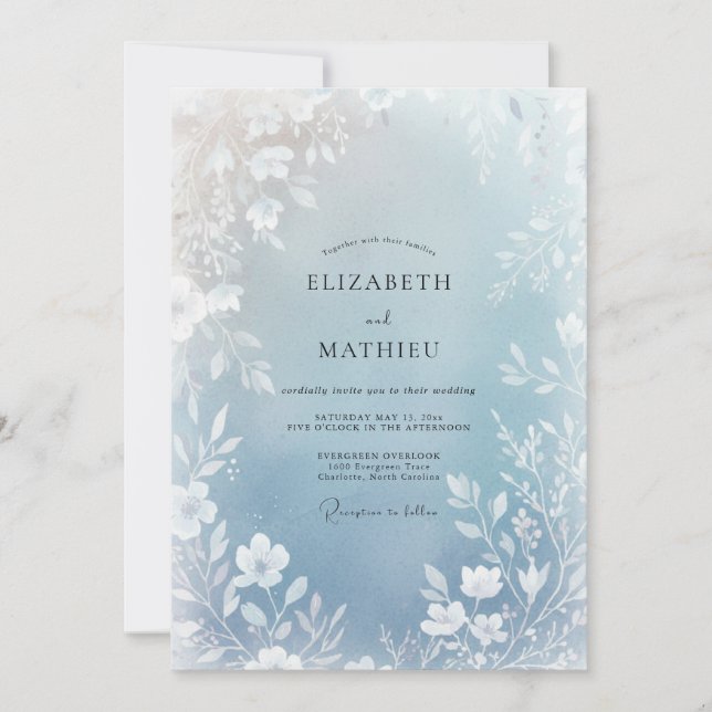 Invitación Boda de invierno luminosa azul polvorienta (Anverso)